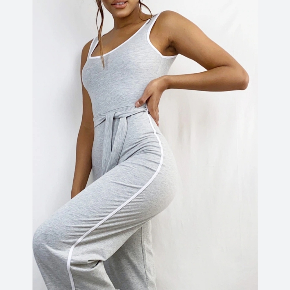 SHEIN CONTRAST BINDING SPORTS TRIPE GREY JUMPSUIT/ ROMPER
